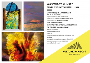 2 Künstler aus dem Kunsthaus Mülheim Ruhrstraße 3 stemmen mit Ati von Gallwitz die Benefizausstellung in Köln "WAS WIEGT KUNST?" (Eröffnung 18.10.2018 20h Kulturkirche Ost