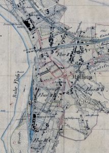 Alte Karte mit Nutzung des Grundstücks für eine Seilerei und Stallungen für die Leinpfad-Pferde. Gut erkennbar auch der alte Fabrikkanal, der von der Troost'schen Weberei zur Ruhr führte