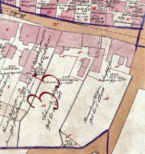 Grundstücke des Wilhelm Schmitz Ruhrstr. 3-5 und gegenüber die erste Kaffeerösterei in der Ruhrstr. 6
